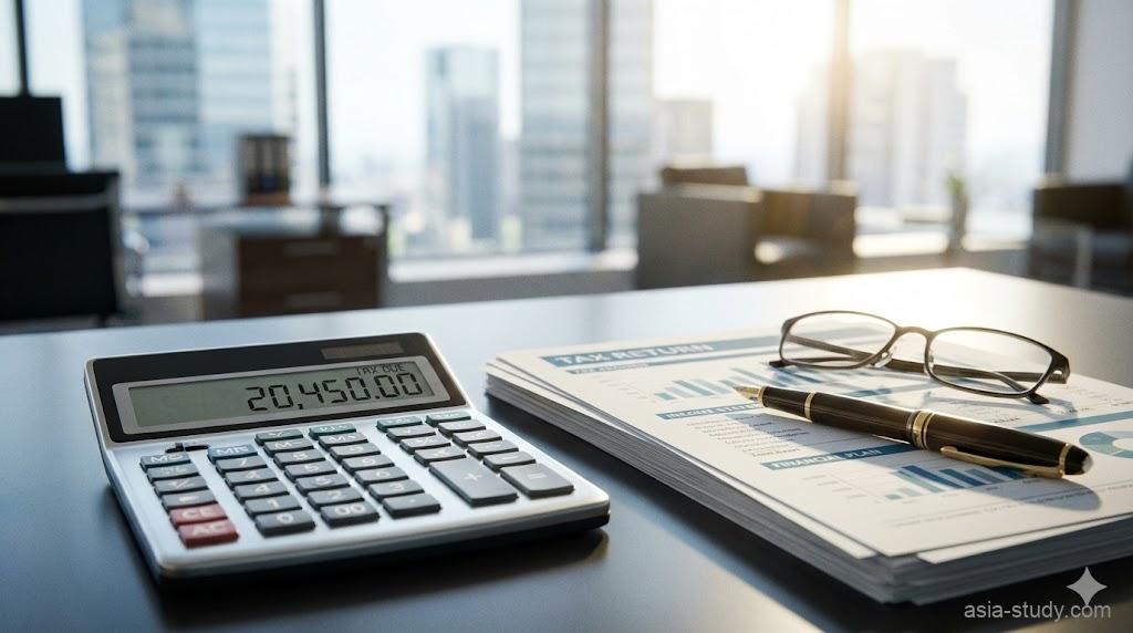 数字が表示された銀色の電卓、「TAX」の文字が見える書類の山、高品質なペン、老眼鏡。背景は緩やかにぼかした明るいオフィス窓。自然光。