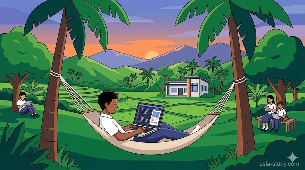 フィリピン・ターラックののどかな田舎環境でのIT留学をイメージしたフラットベクターイラスト。ヤシの木の間に吊るされたハンモックで、ノートパソコン（画面にはコードとデザイン）に向かう学生。背景には緑豊かな丘、遠くの山々、美しい夕焼け空が描かれている。文字なし、16:9のアスペクト比。