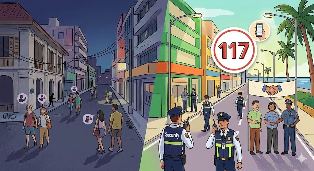 マニラのエルミタ・マラテ地区における治安改善策「ストリートウォッチプログラム」と「ホットライン117」の導入イメージ。薄暗い危険な夜の通りから、警察官やボランティアのバランガイ役人が24時間体制でパトロールを行い、緊急連絡先117番と連携して観光客の安全を守る明るい街へと変化する様子を描いたビジュアルイラスト。