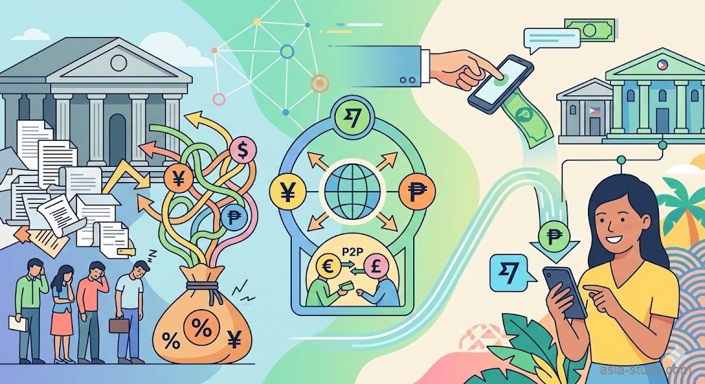Wiseを使った日本からフィリピンへの海外送金を解説する、Nano Banana 2スタイルのインフォグラフィック。左側は重い手数料、複雑な書類、TTS/TTBの為替スプレッドに苦しむ従来の銀行 transfer の課題、中央はWiseの世界的なP2Pマッチングシステム（ Globe icon with P2P connections, no text ）、右側は日本円（¥）をスマートフォンからスマートに送り、フィリピンの女性が笑顔でペソ（₱）を受け取る様子を描いたフラットベクターイラスト。