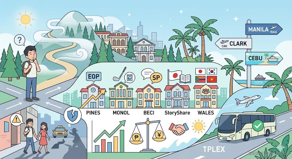 フィリピン・バギオ留学を網羅するインフォグラフィック。霧の山岳風景、治安リスクの警告、パインスやモノル等の主要語学学校比較、物価・費用、マニラやクラーク、セブへのバス・飛行機移動ルートを視覚化したイラスト。