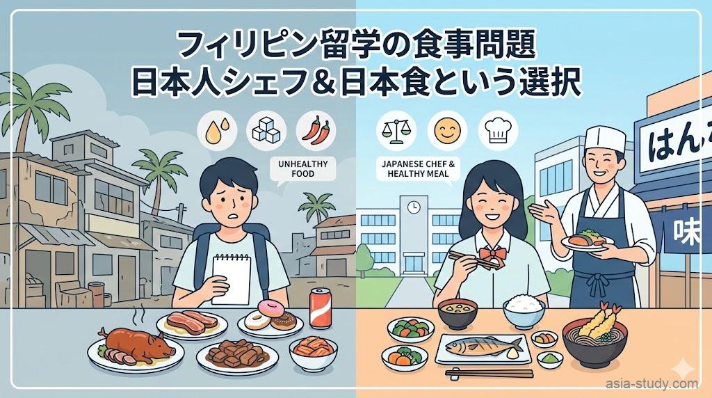 フィリピン留学の食事問題をテーマに、脂っこい現地食と日本人シェフによる健康的な和食を対比させたインフォグラフィック。不健康な食生活への不安と、和食による安心感を視覚的に表現したイラスト。