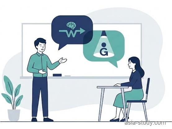 "日本語の助詞「は」と「が」の使い分けを解説する記事のアイキャッチ画像。日本人教師と学習者が対話している様子をシンプルなベクターイラストで表現。トピックの提示（は）を象徴する前向きの矢印と、主語の特定（が）を象徴するスポットライトのアイコンが中央に描かれている。上下に広い余白があるデザイン。