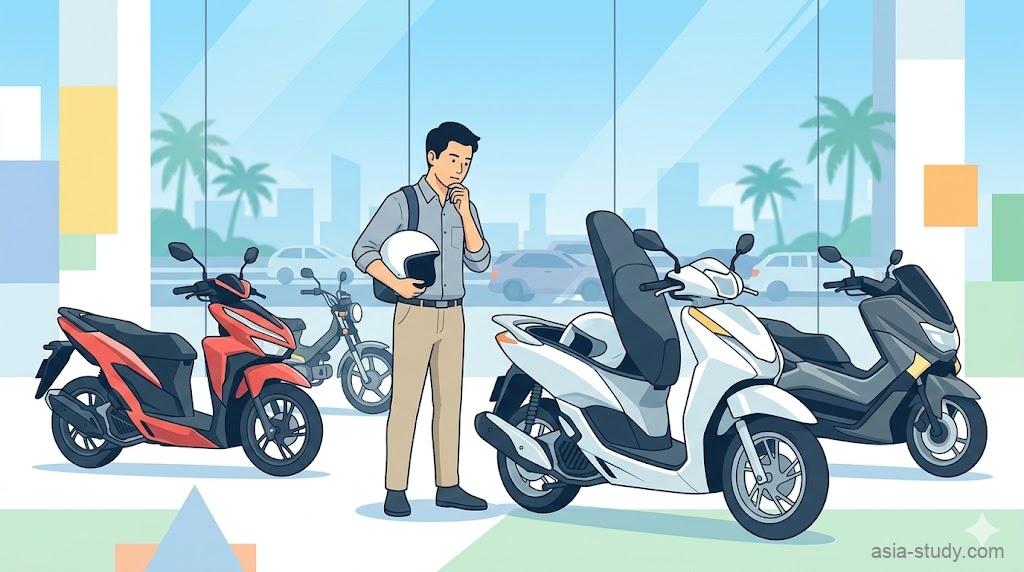 フィリピン・マニラのショールームで、ホンダやヤマハのスクーター（125cc/150cc）の購入を検討する男性を描いたフラットイラスト。