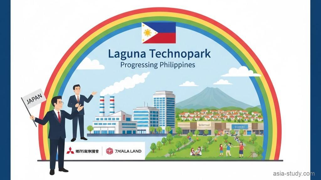 フィリピンのラグナテクノパークをイメージしたベクター風イラスト。近代的な工場群と緑豊かなヌバリの住環境、ビジネスマン、そして日本とフィリピンの共栄を象徴する虹と国旗が描かれたデザイン。