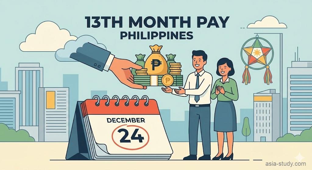 フィリピンの13ヶ月ボーナス支給の様子を描いたフラットイラスト。ペソ記号（₱）の付いた現金、12月24日のカレンダー、クリスマスのパロール、そして笑顔の従業員が描かれている。