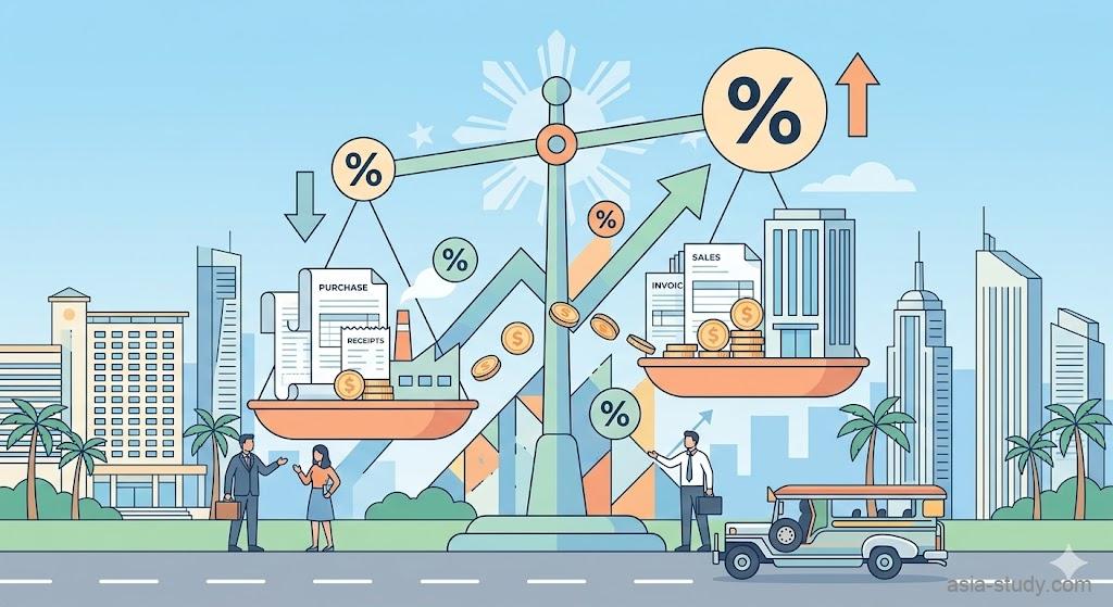 フィリピンの付加価値税（VAT）制度を視覚化したフラットベクターイラスト。中央の大きな天秤が、左側の「仕入れ・領収書（インプット税）」と右側の「売上・請求書（アウトプット税）」のバランスを表現しています。背景にはフィリピン国旗の太陽のモチーフ、近代的なビル群、ヤシの木、そして手前にはジプニーが描かれ、現地のビジネス環境を象徴しています。税率を意味するパーセント記号や、税金の流れを示す矢印、ビジネスパーソンの交流も含まれたSEOに強い構成です。