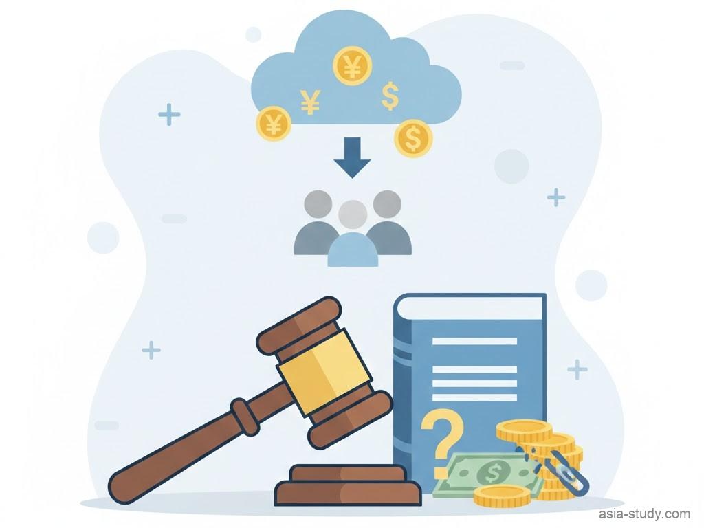 クラウドファンディングの仕組み（雲から人々への資金の流れ）と、それに関連する法律問題（木槌と法律書、詐欺を暗示する壊れた鎖）を表現した、シンプルで落ち着いた配色のマナブログ風イラスト。刑法・民法における詐欺罪の成立要件や立証責任についての解説記事のアイキャッチ。