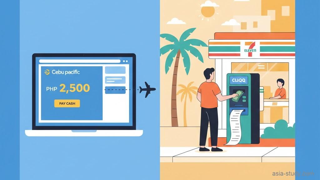 セブパシフィック航空のオンライン予約から、フィリピンのセブンイレブン端末での現金支払いまでの流れを描いたベクターイラスト