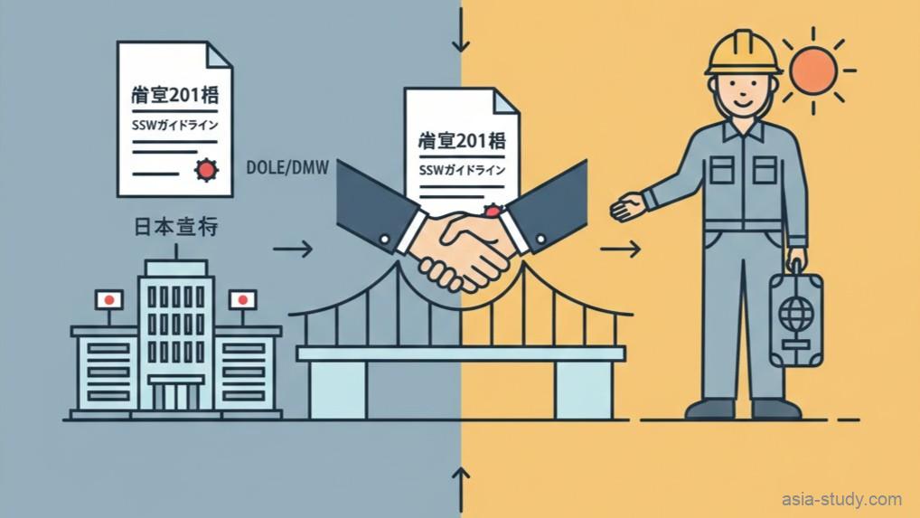 日本とフィリピン間での特定技能外国人の送り出しに関するDOLE（労働雇用省）省令201号ガイドラインの協定成立と協力関係を示すベクターイラスト