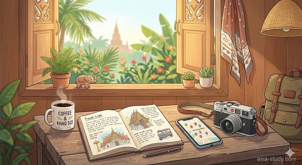 チェンマイのゲストハウスをイメージしたノートやカメラとコーヒーのある机のイラスト