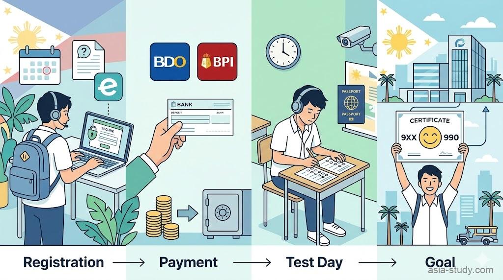フィリピンでのTOEIC Listening & Reading Testの申込から受験までの4ステップ（Eventbrite登録、BDO・BPI銀行振込、試験当日の本人確認、スコア取得）を解説するインフォグラフィック。