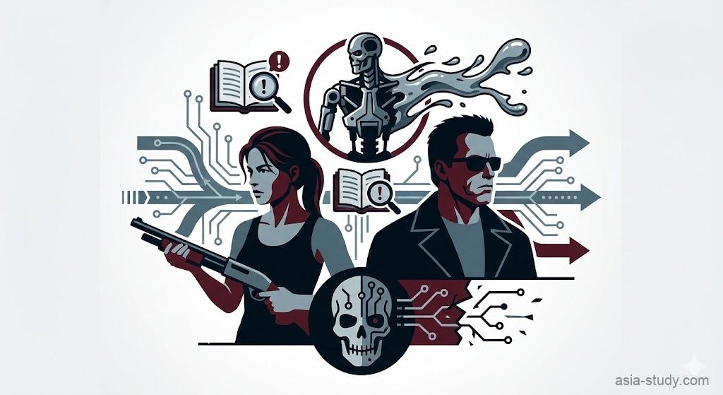 映画「ターミネーター：ニュー・フェイト」のネタバレレビュー用マナブログ風アイキャッチ。ショットガンを持つサラ・コナーとサングラスのT-800のシルエット、その背後に分裂するREV-9のアイコン、分岐するタイムライン、ネタバレ注意を抽象的に示すアイコンが描かれている。下部には回路を纏ったスカル。