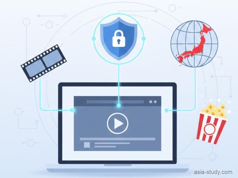 VPN（仮想プライベートネットワーク）を使って、海外から日本の動画配信サービスを視聴する様子を描いたベクターイラスト。ノートパソコンの画面には再生ボタンがあり、VPN接続を示す盾のアイコンを経由して、日本地図が強調された地球儀につながっている。