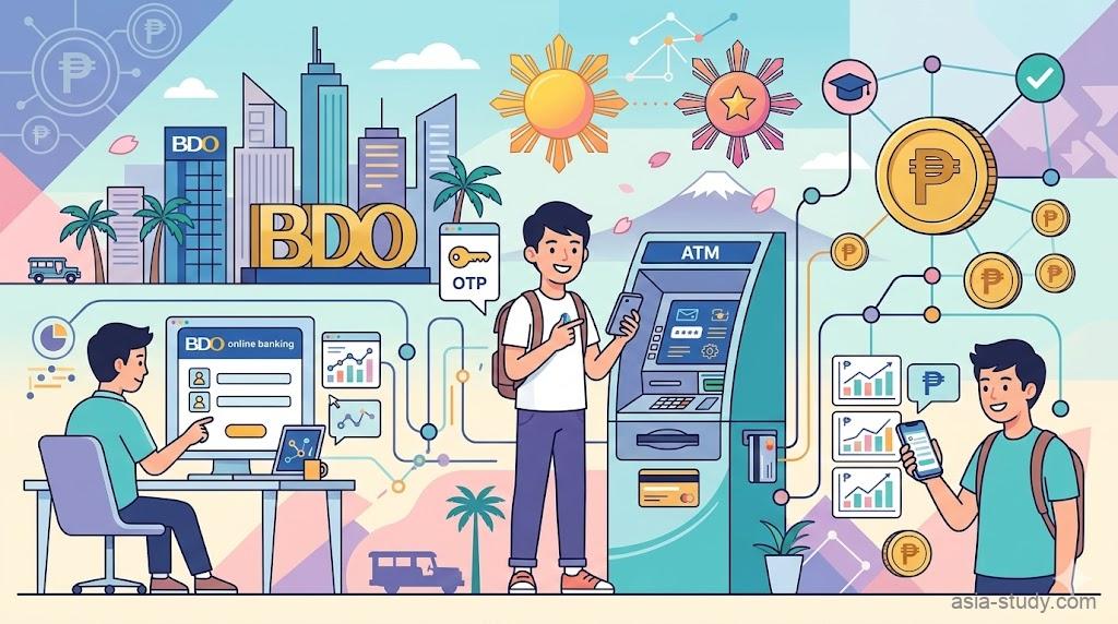 フィリピン・BDO銀行のオンラインバンキング登録とATMアクティベーションの手順。スマートフォンでの₱残高とOTP表示。フラットベクターインフォグラフィック。
