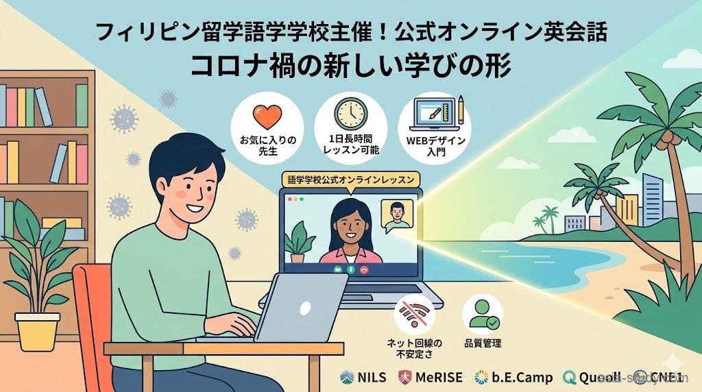 フィリピン留学語学学校主催の公式オンライン英会話サービスを紹介するアイキャッチ画像。メインタイトルは「フィリピン留学語学学校主催！公式オンライン英会話」、サブタイトルは「コロナ禍の新しい学びの形」。自宅で男性がノートパソコンを使い、画面のフィリピン人講師とビデオレッスンを受けている。「お気に入りの先生」「1日長時間レッスン可能」「WEBデザイン入門」というメリットをアイコンで表現。また、「ネット回線の不安定さ」というデメリットと「品質管理」という対策もアイコンで表現。参加校はNILS、MeRISE、b.E.Camp、Quooll、CNE1。