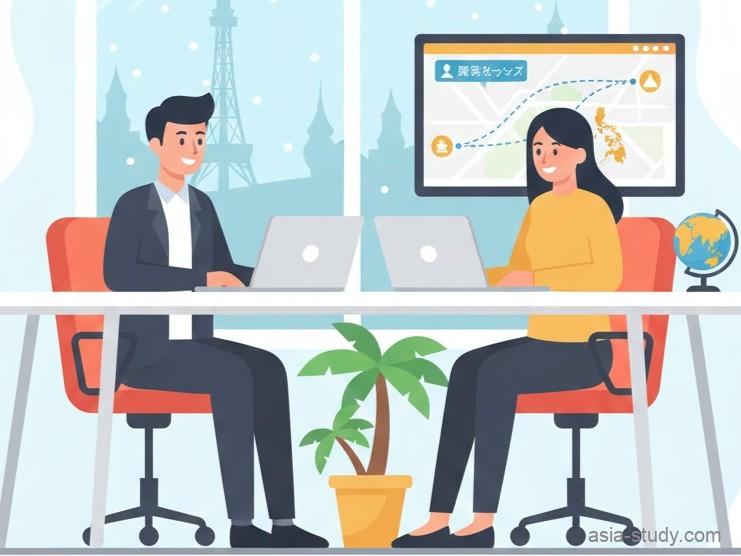 札幌の留学エージェントオフィスで、新千歳空港からフィリピンへの航路を確認しながら留学相談をする様子を描いたベクターイラスト。背景には雪の札幌テレビ塔が描かれている。