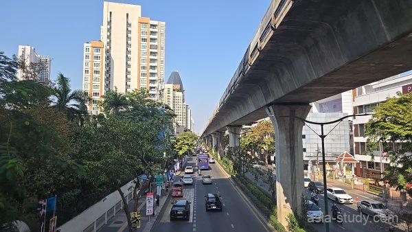 高架下の大通りを見下ろす景色、車列と都市の建物