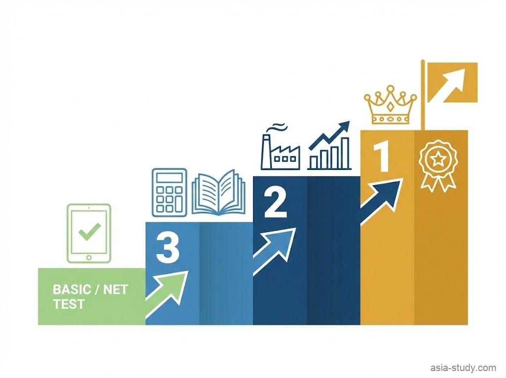 日商簿記の各レベル（初級、3級、2級、1級）が段階的にステップアップしていく様子を表現した、シンプルで清潔感のあるベクターイラスト。左下の「BASIC / NET TEST」（初級・ネット試験）から始まり、階段状に数字の「3」「2」「1」と、それぞれの級を象徴するアイコン（電卓、工場、王冠など）が描かれ、難易度と専門性が高まる過程を示している。上下に広い余白を持たせたデザイン。