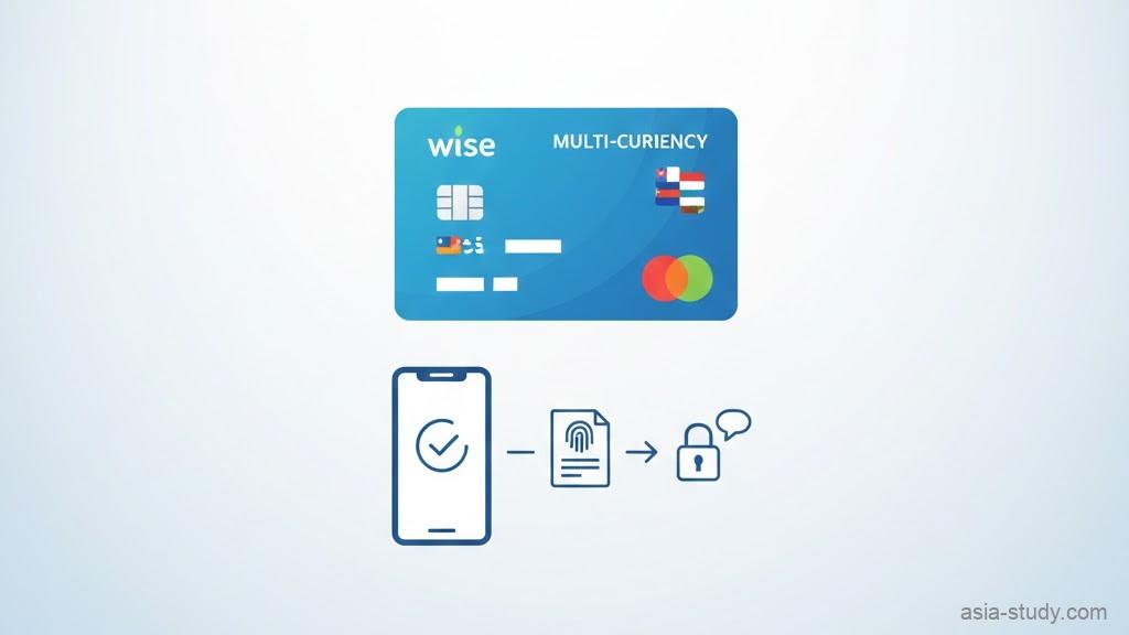 Wise（ワイズ）デビットカードの申し込み手順をイメージしたシンプルなベクターイラスト。中央に青色のマルチカレンシーカードが配置され、その下にはスマホ、本人確認書類、SMS認証を象徴するアイコンが並んでいる。上下に広い余白を持たせた清潔感のあるデザイン。