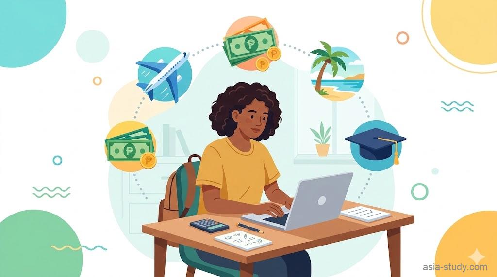 セブ留学の1ヶ月・3ヶ月の費用内訳をイメージしたベクターイラスト。机で予算を計算する留学生の傍らに、飛行機（航空券）、フィリピンペソの札束（現地の生活費）、ヤシの木（滞在費）、卒業角帽（学費）のアイコンが浮遊しており、留学にかかる5つの支出項目を直感的に表現したデザイン。
