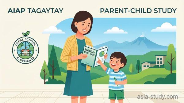 タガイタイの語学学校AIAPでの親子留学をイメージしたフラットデザインのベクターイラスト。笑顔の日本人母子がテキストを持ち、背景にはタガイタイの緑豊かな高原とタール火山の景色が広がる。「AIAP TAGAYTAY」「PARENT-CHILD STUDY」の文字入り。