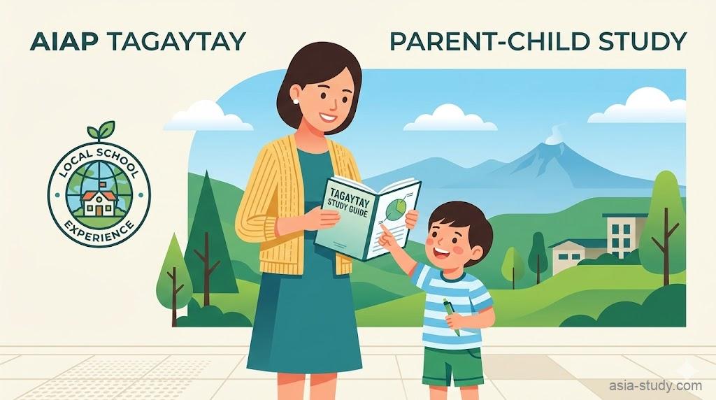 タガイタイの語学学校AIAPでの親子留学をイメージしたフラットデザインのベクターイラスト。笑顔の日本人母子がテキストを持ち、背景にはタガイタイの緑豊かな高原とタール火山の景色が広がる。「AIAP TAGAYTAY」「PARENT-CHILD STUDY」の文字入り。