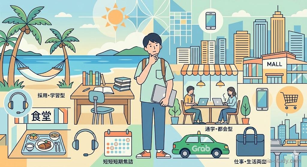 セブ留学とマニラ留学の対比をテーマにした、Nano Banana 2スタイルのインフォグラフィック。左側にはリゾート・寮型・短期集中を象徴するビーチや食堂、右側には都会・通学型・仕事との両立を象徴するビル群やカフェ、Grabを描き、中央で悩む留学生を通じて両者の違いを視覚化したフラットベクターイラスト。