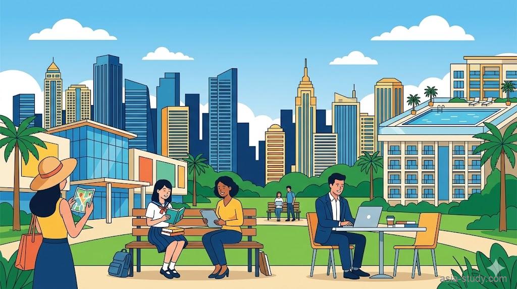 都会的な街並み（BGC、マカティのスカイライン）を背景に、公園のベンチで笑顔でマンツーマンレッスンを受ける学生と講師、巨大モールのエントランス、コンドミニアムのプールでくつろぐ様子、タブレットを持つビジネスマン、地図を見る女性が1枚の画像に描かれている。