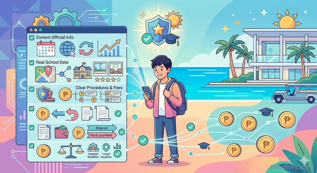 フィリピン留学の語学学校閉校リスク回避チェックリスト。公式サイトの鮮度、所在地、返金規定、支払い条件の安全確認を視覚化したインフォグラフィック。