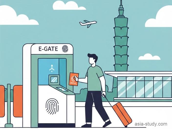 スマートフォンで「ROC (Taiwan) Online Arrival Card」を申請し、紙のカードが不要になり、パスポートでe-Gateをスムーズに通過する様子を描いたレトロモダンなベクターイラスト。背景には台北101が見える。
