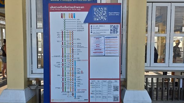 チャオプラヤー・エクスプレスボートの路線図ボード（QR付き）