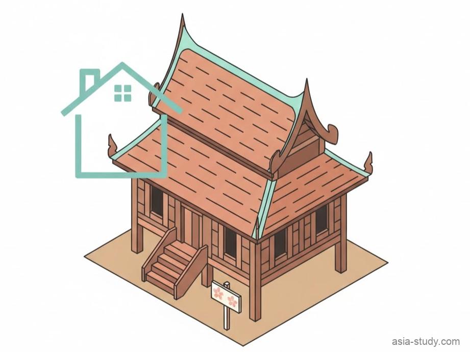 チェンマイの伝統的な木造建築（ランナー様式）と日本のアイコンを組み合わせた、クリーンでミニマルなベクターイラスト。日本人向けゲストハウス紹介記事のアイキャッチ。