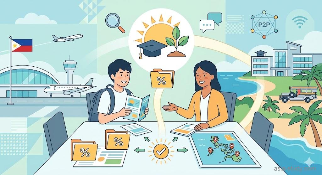 日本人生徒とフィリピン留学エージェントが、学校比較、費用、成功（卒業帽と太陽、植物）のアイコンが並ぶ相談デスクで笑顔で話している。背景は相談室、空港、フィリピンのビーチ（ヤシの木、ジプニー、学校付き）がシームレスに繋がるインフォグラフィックイラスト。
