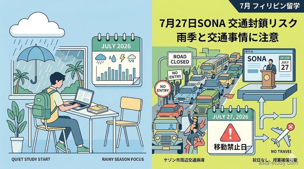 フィリピン留学7月のガイド。雨季の学習環境（左）と、7月27日のSONA（大統領演説）によるマニラの交通封鎖リスク（右）を対比させたイラスト。