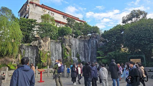 龍山寺｜滝のような壁面水景と、写真を撮る人で賑わう広場