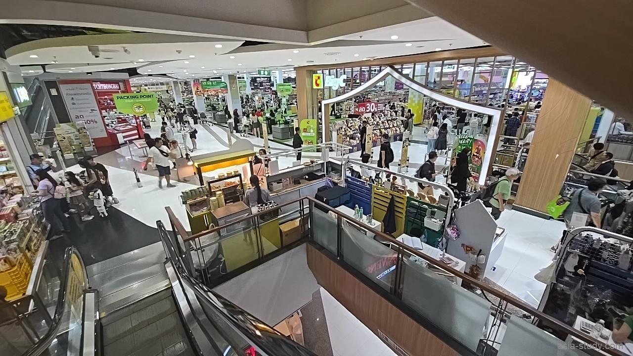 大型スーパーの売り場を上から撮影、混雑する店内とレジエリア