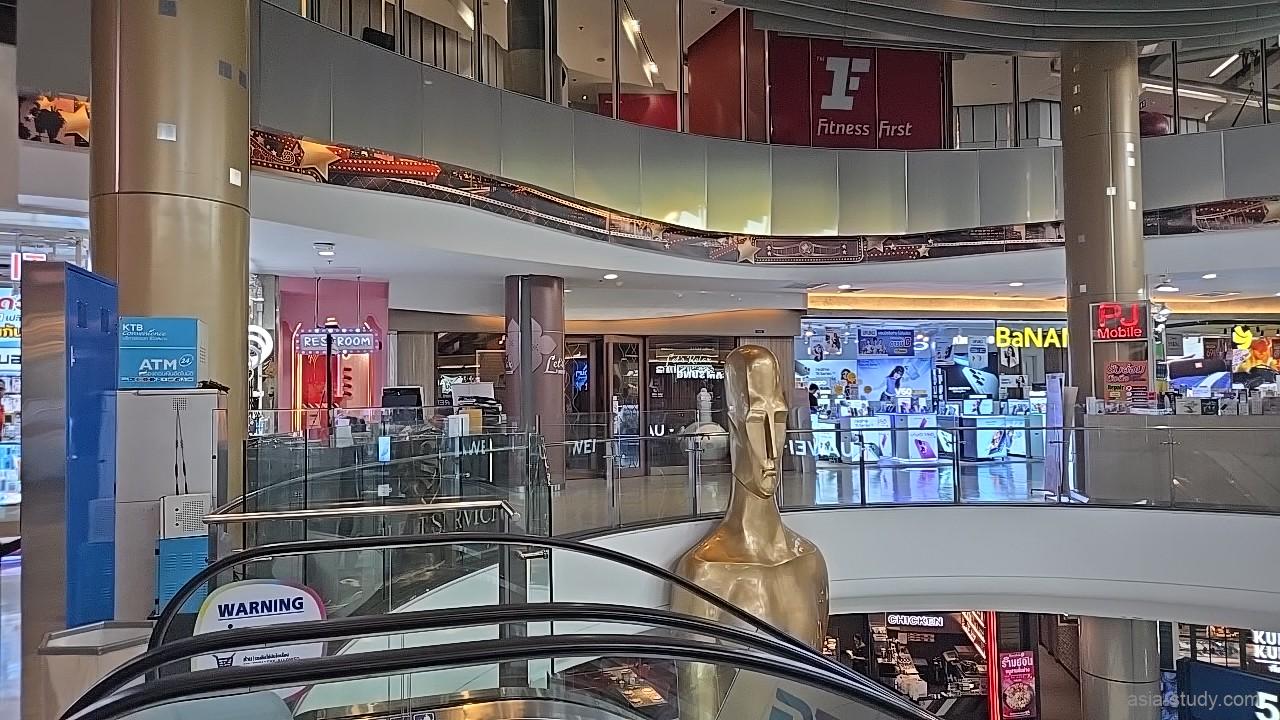 商業施設の吹き抜けフロアとエスカレーター、館内サインが並ぶモール内観（バンコク）
