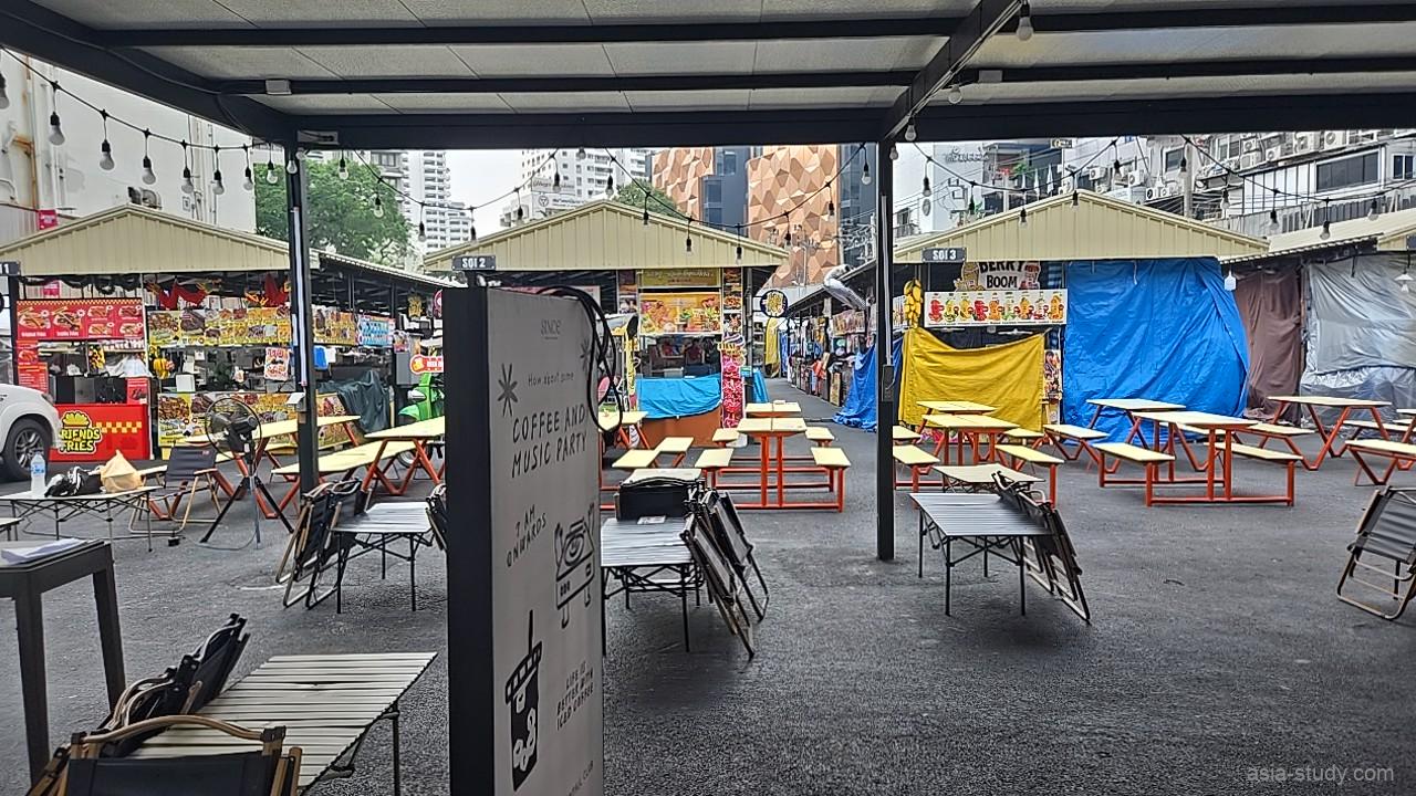 屋外のフードマーケット風スペース、テーブル席と屋台が並ぶ空きエリア