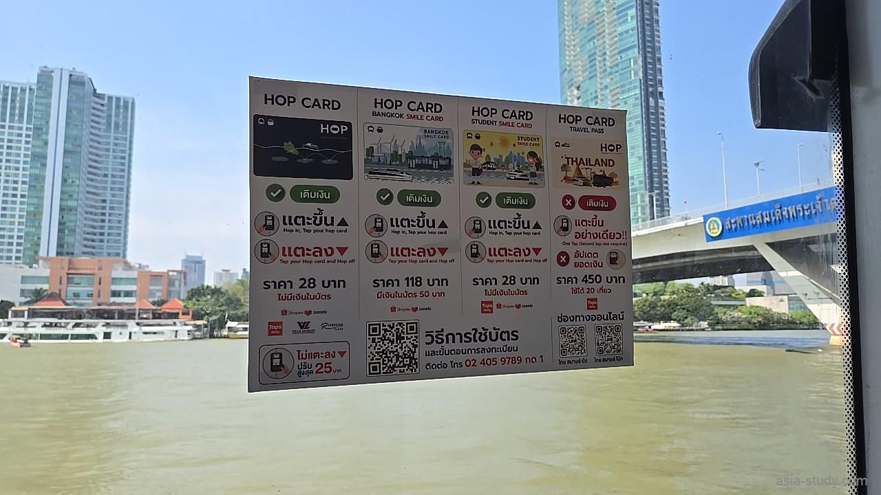 船の窓に貼られた「HOP CARD（ホップカード）」の利用案内、各種カードの料金とタッチ決済の方法を示すステッカー