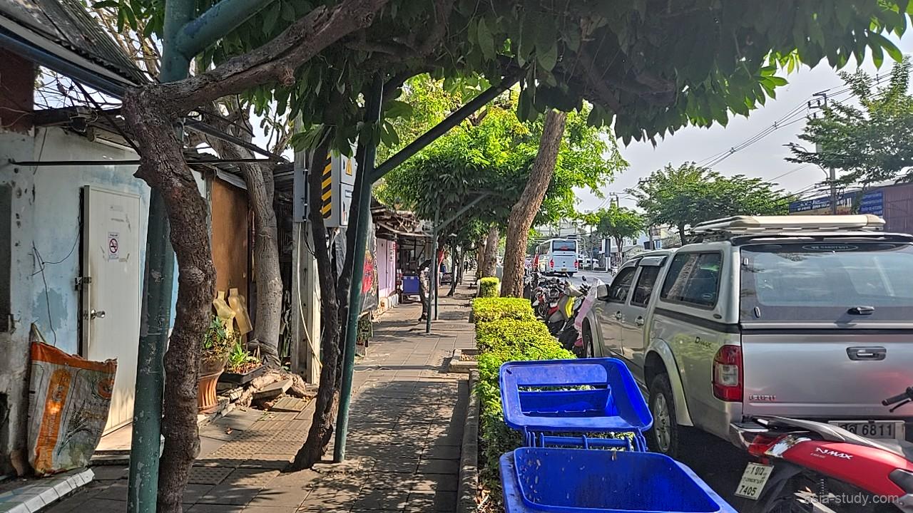 ワット・アルン周辺の歩道、街路樹の木陰に並ぶシルバーのピックアップトラックと青いゴミ箱