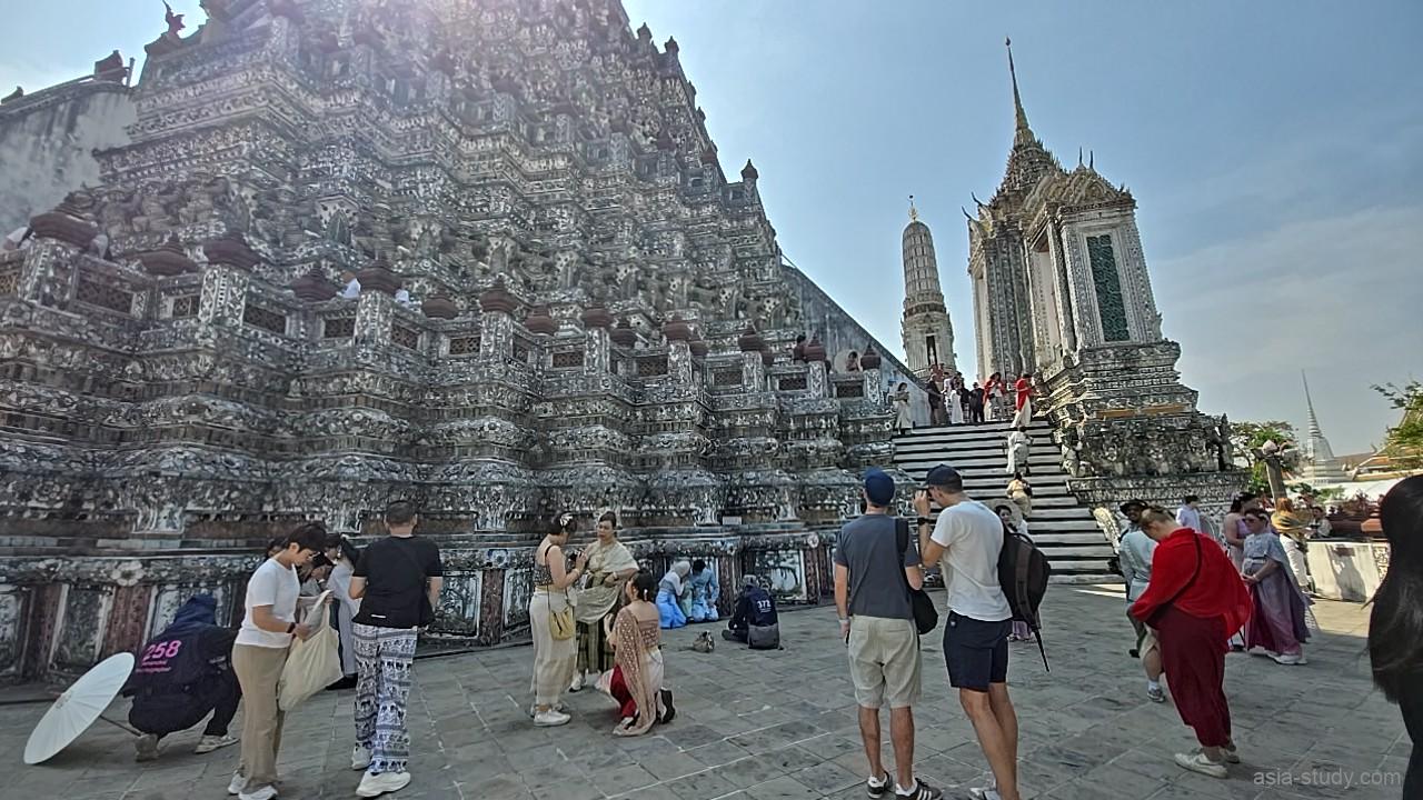 大仏塔の下層エリア。伝統衣装を着た観光客が記念撮影をしており、背景には緻密な彫刻が施された塔の壁面が見える