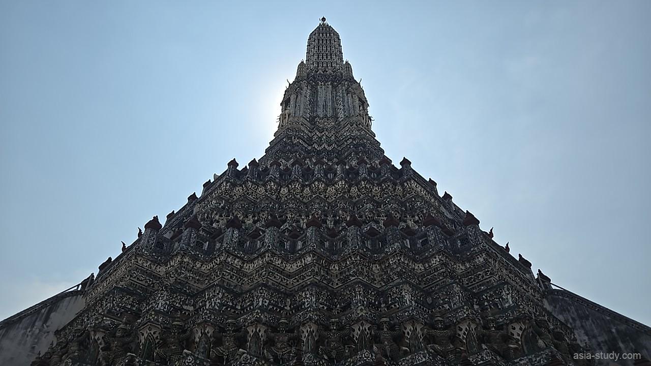 真下から見上げる大仏塔。逆光の中、塔の鋭い尖塔と幾重にも重なる装飾が空へ伸びる迫力ある構図