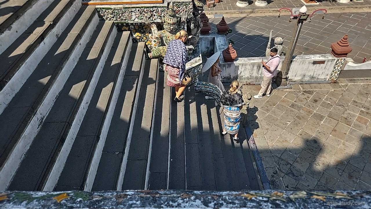 大仏塔の急な階段を下りる観光客を上から見下ろした視点。階段の勾配のきつさと、下にある広場の様子