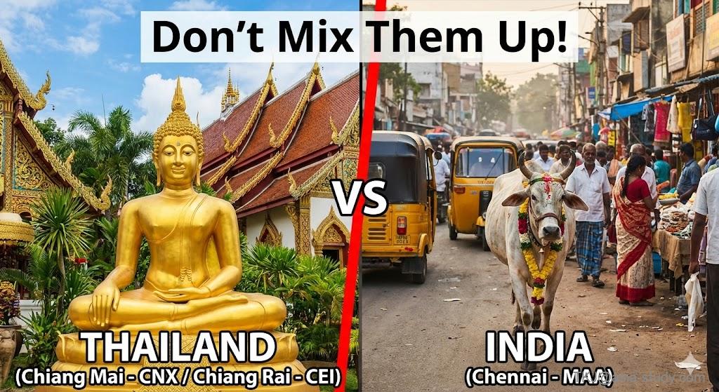 タイ（チェンマイ・チェンライ）の仏像とインド（チェンナイ）の牛が並ぶ比較画像。「Don't Mix Them Up!」の警告テキスト入り。
