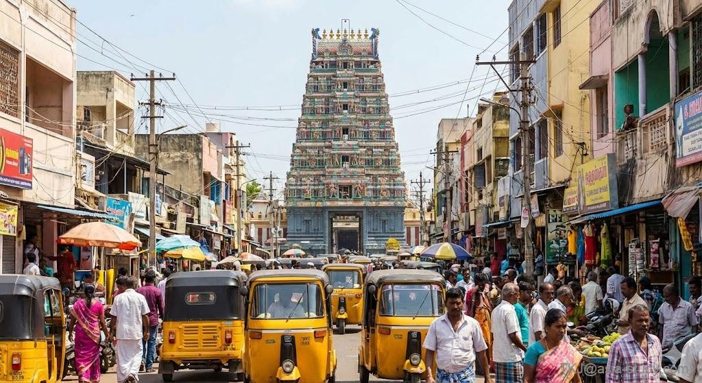 インド・チェンナイの活気ある街並み。極彩色のヒンドゥー教寺院と、黄色いオートリキシャがひしめく通り。