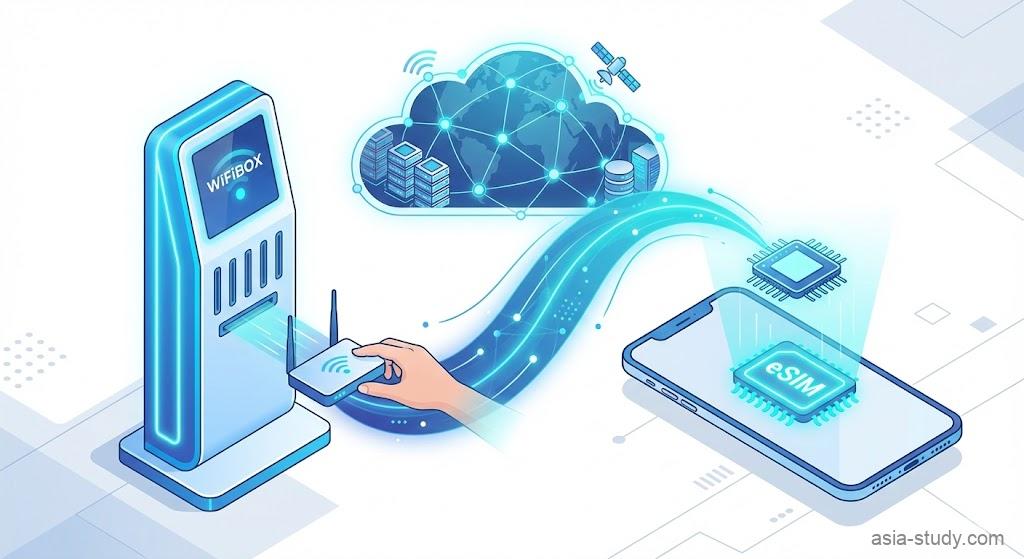 引越しの段ボールやスーツケースが置かれた部屋で、机の上のWiFiBOXルーターとeSIM搭載スマホがネットに接続され光っている様子を描いたベクターイラスト。