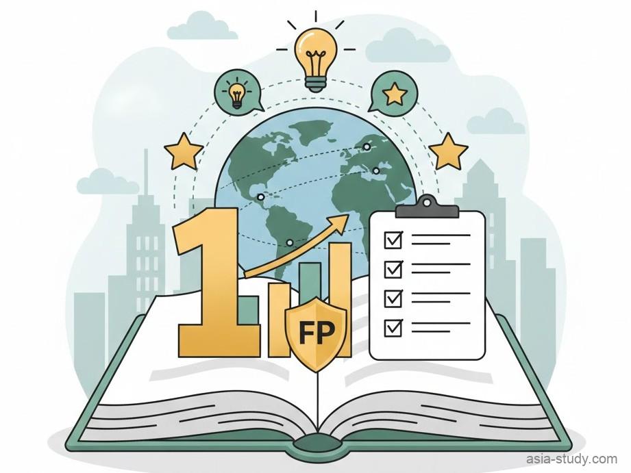 開いた教科書の上にFP1級を象徴する金の数字の1とFPの盾、チェックリスト、上昇グラフが描かれたベクターイラスト。背景の地球と電球のアイコンがグローバルな専門知識を表現しており、FP1級試験の合格と国際的なキャリアアップをイメージしている。