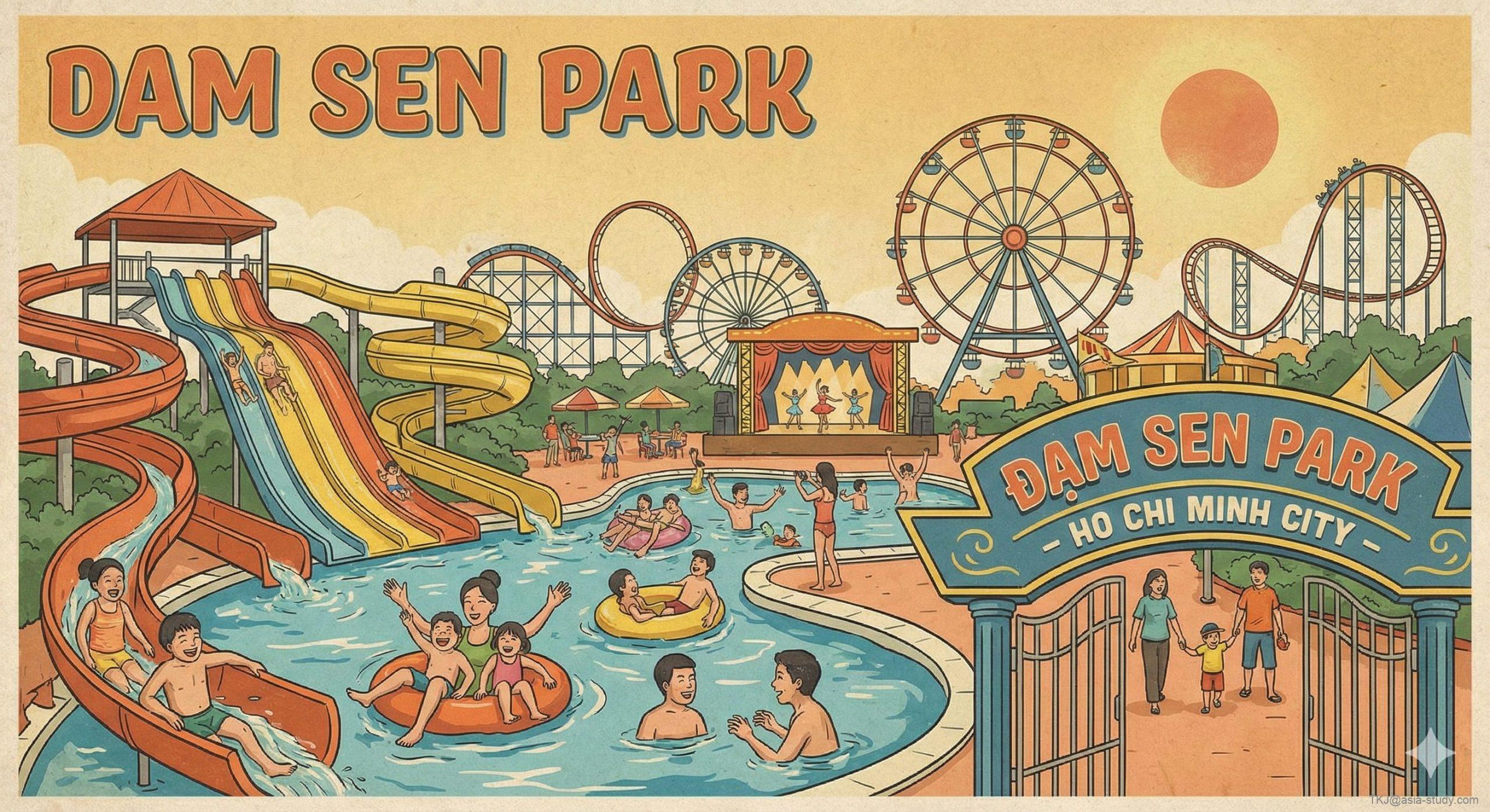 ホーチミンの巨大テーマパーク「ダムセンパーク」のレトロなイメージイラスト。ウォータースライダー、観覧車、プールで遊ぶ人々が描かれ、現地のカオスで楽しい雰囲気を表現している。