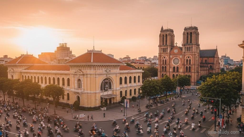 夕暮れ時のホーチミン市街。手前には躍動感のあるバイクの群れ、奥にはライトアップされたサイゴン中央郵便局とサイゴン大聖堂が並ぶ、フランス植民地時代の面影と現代の活気が融合した風景。